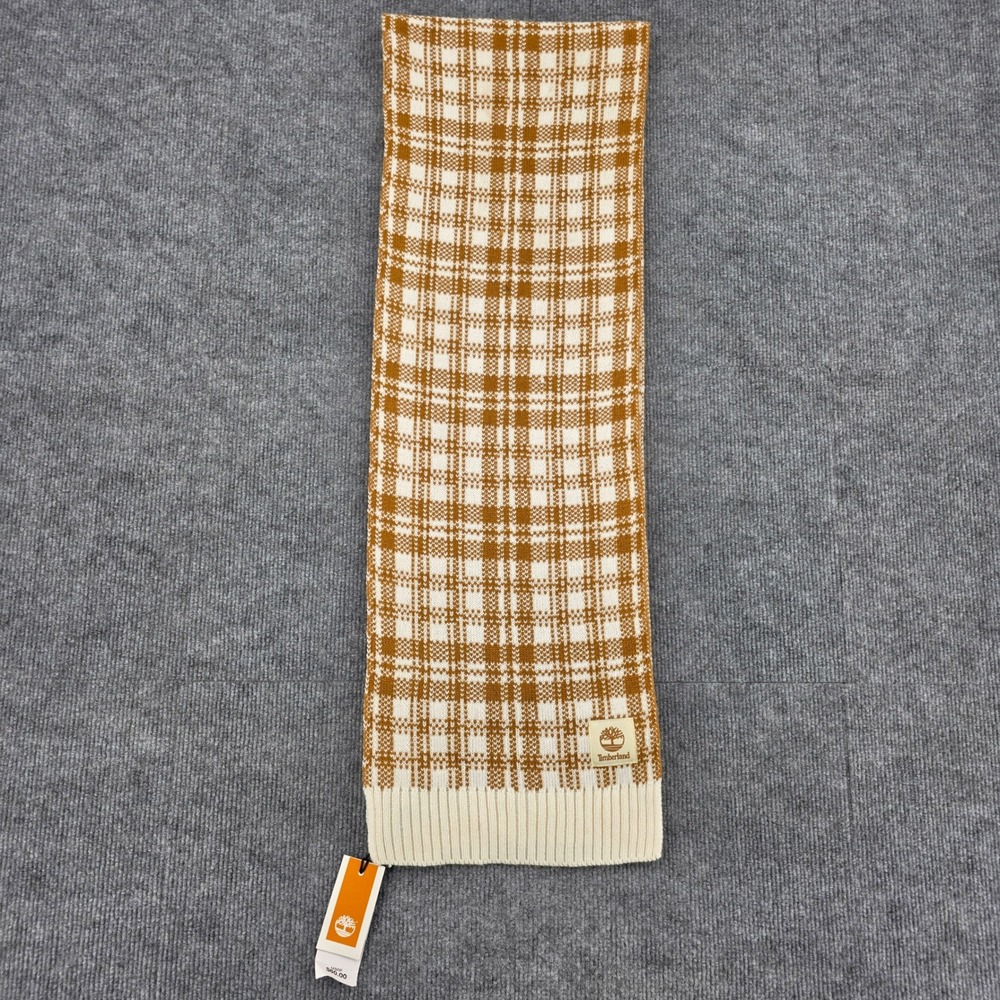 Timberland Plaid Knit Scarf Wheat Cream Acrylic Winter Accessory OS NEW